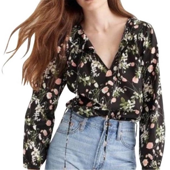 J. Crew Tops - J Crew Point Sur Peasant Top Liberty London Art Fabric Poppy Dream Black Sz XS